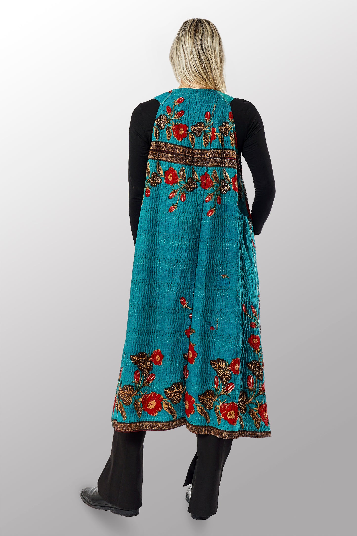 VINTAGE COTTON KANTHA BACK PLEATED VEST MAXI - cv4222-0011a -