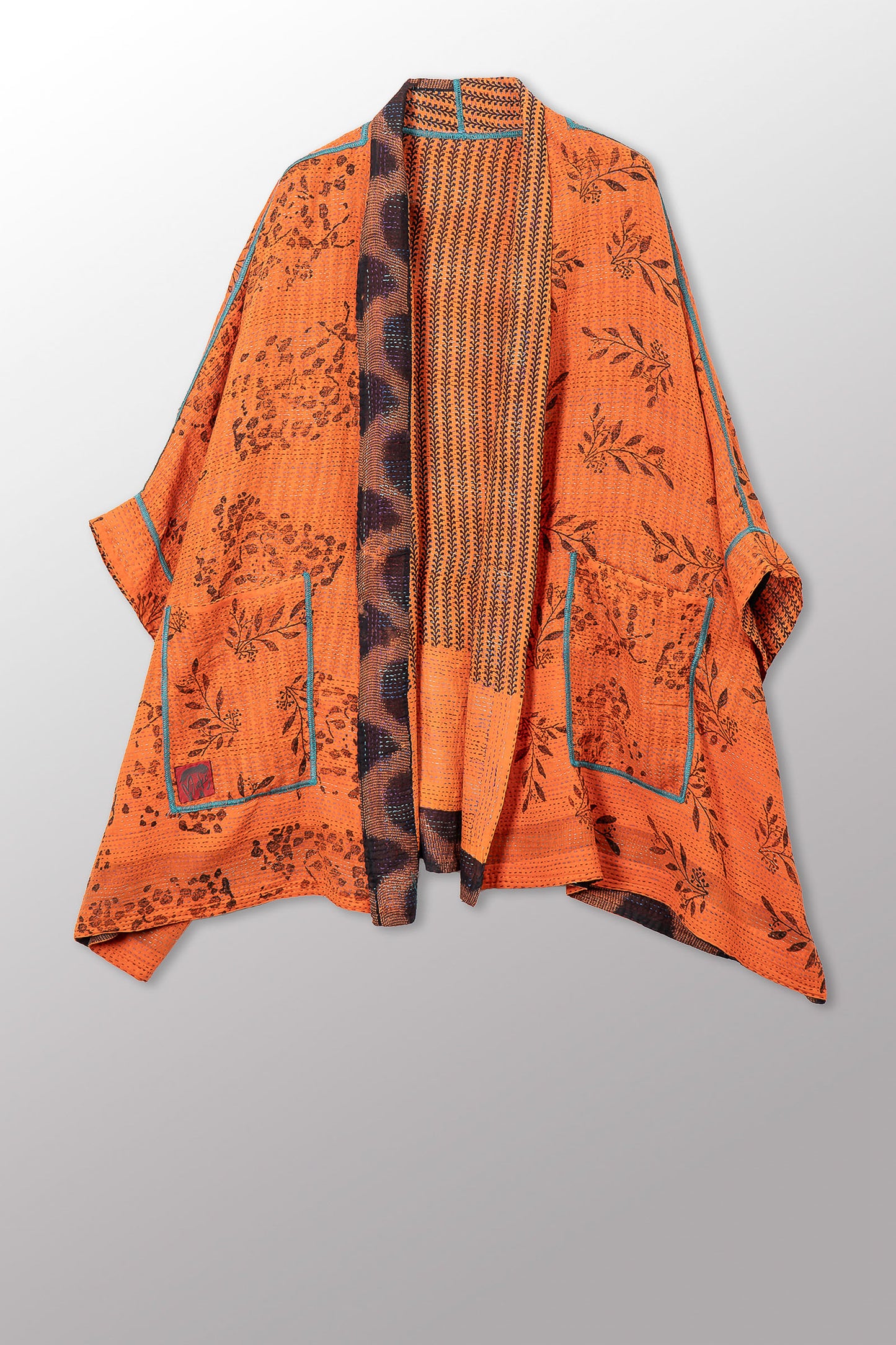 VINTAGE COTTON & NEW VOILE KANTHA DOUBLE COLLAR PONCHO - cn2323-0001a -