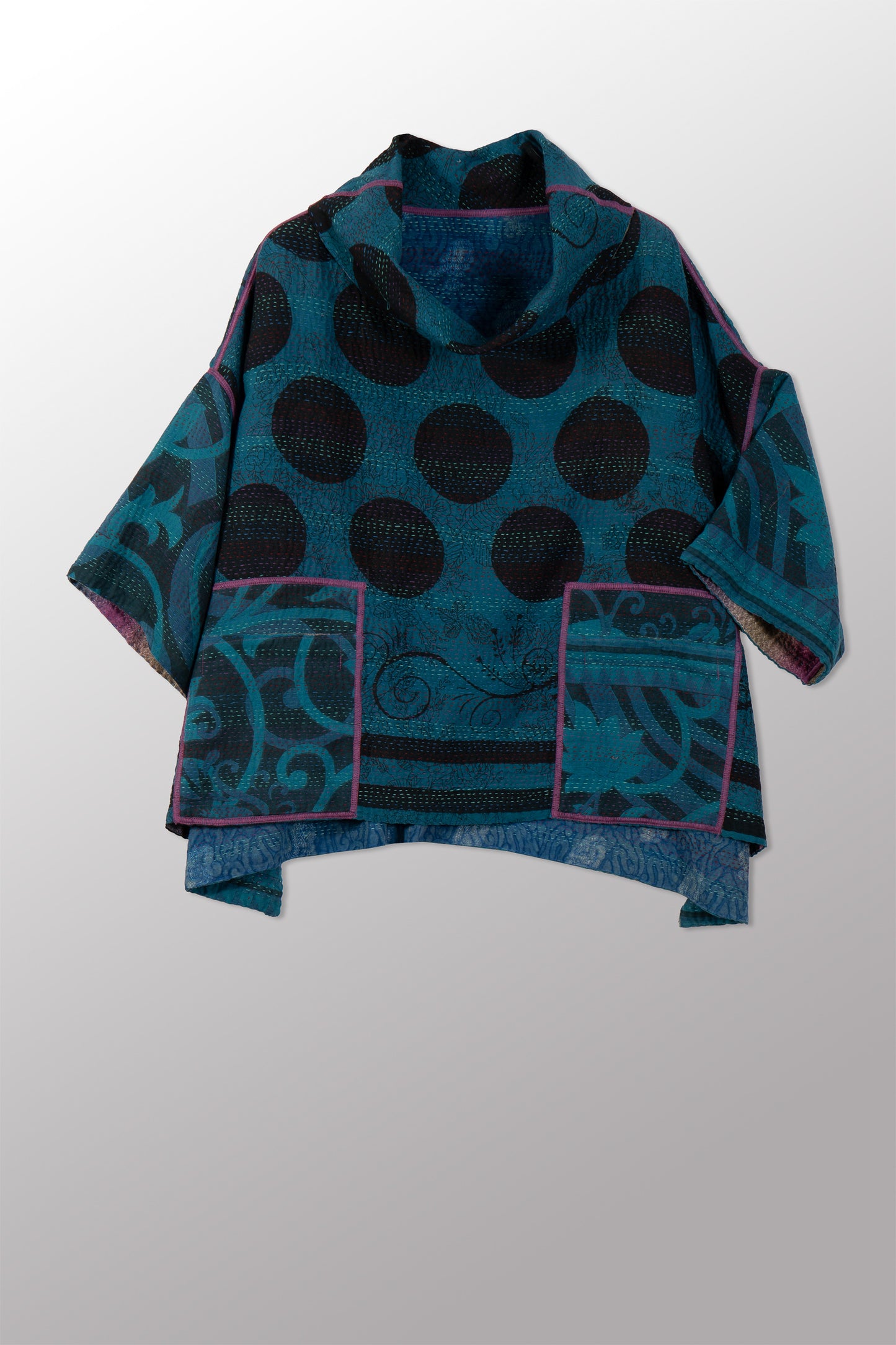 VINTAGE SILK GEORGETTE COTTON KANTHA COWL NECK PONCHO - gc2061-0002a -