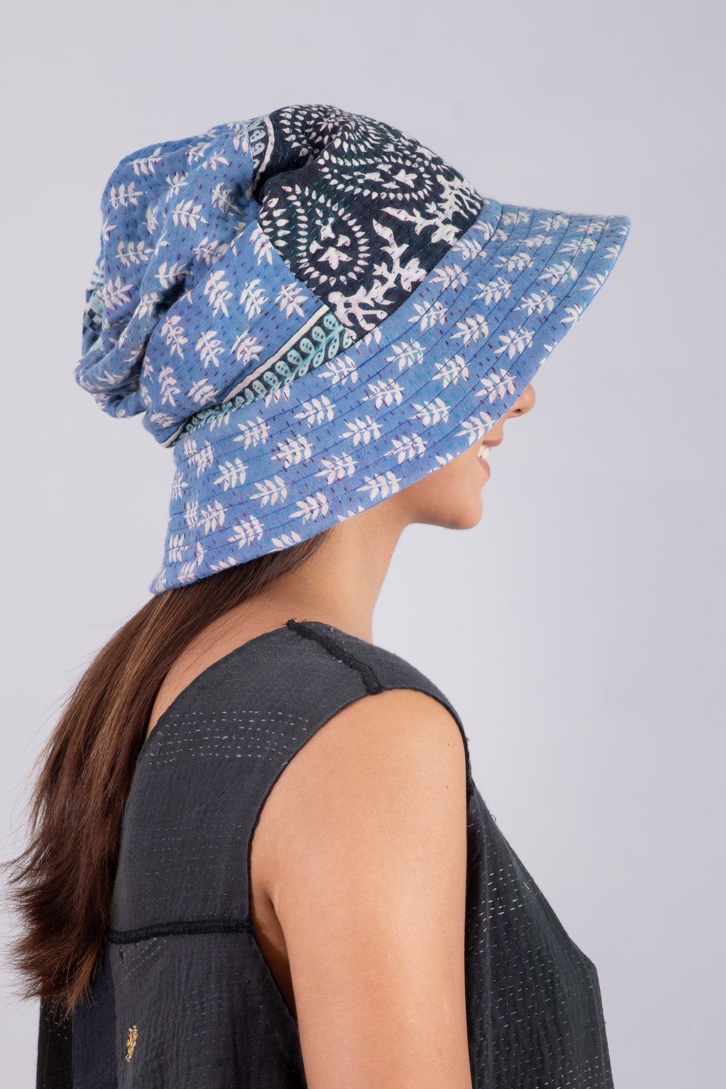 VINTAGE COTTON KANTHA FULL BRIM HAT - cv4889-blu -