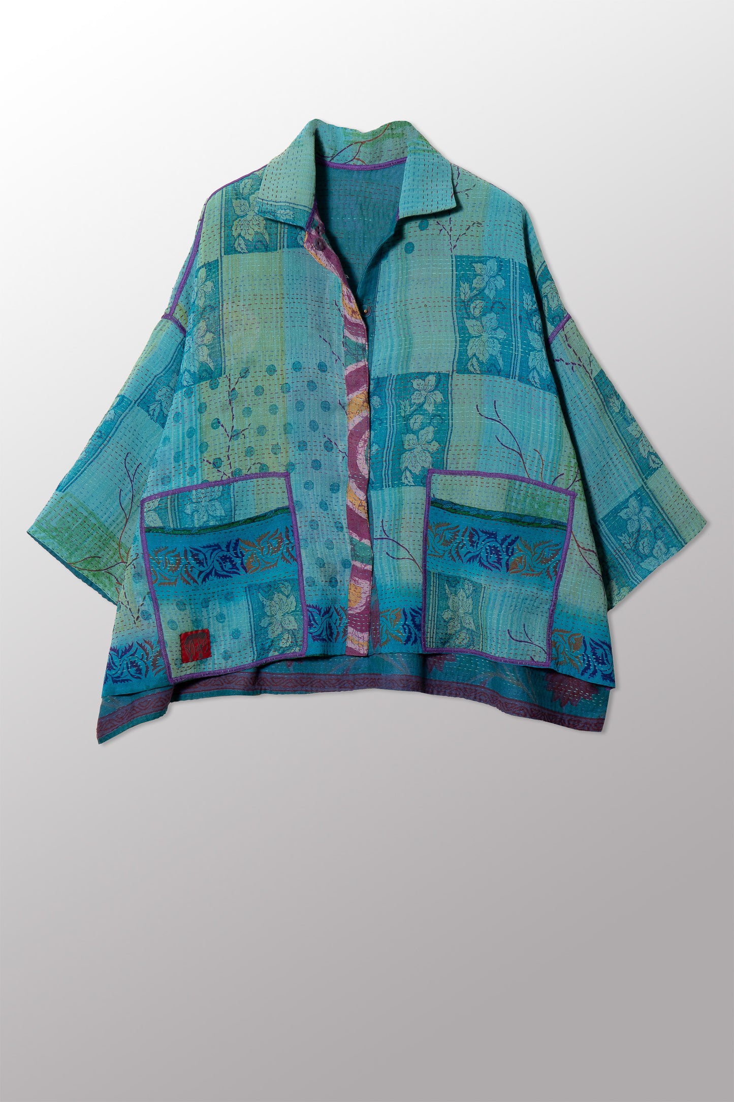 VINTAGE SILK GEORGETTE COTTON KANTHA CROPPED TENT SHIRT - gc2596-0002a -