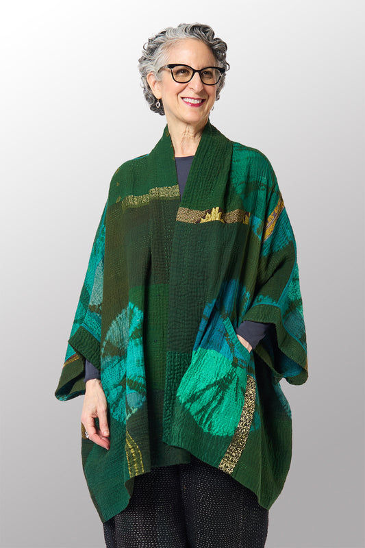 SHIBORI TIE DYE COTTON SILK SW PATCH KANTHA DOUBLE COLLAR PONCHO - st-ws4323-grn -