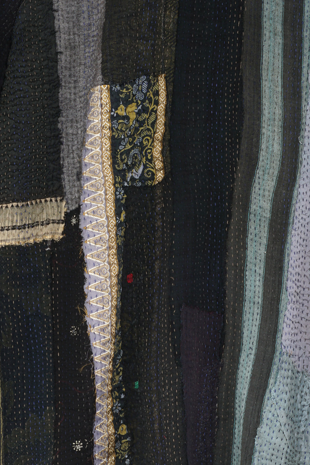 STRIPE FRAYED & HANDWOVEN KANTHA A-LINE JKT - ft2003-blk -