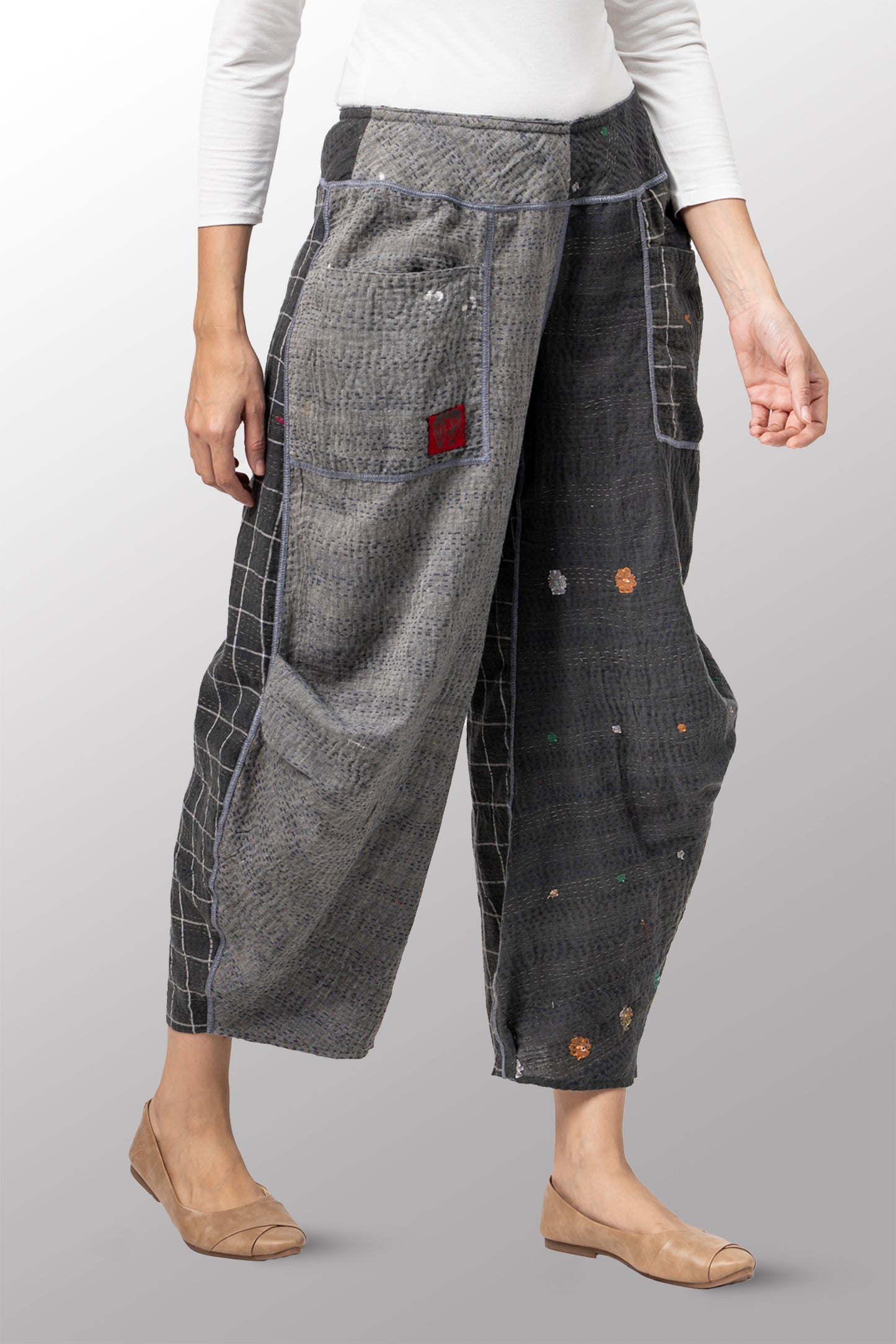 FRAYED PATCH KANTHA KNEE TUCKED PANTS - fi2625-gry -