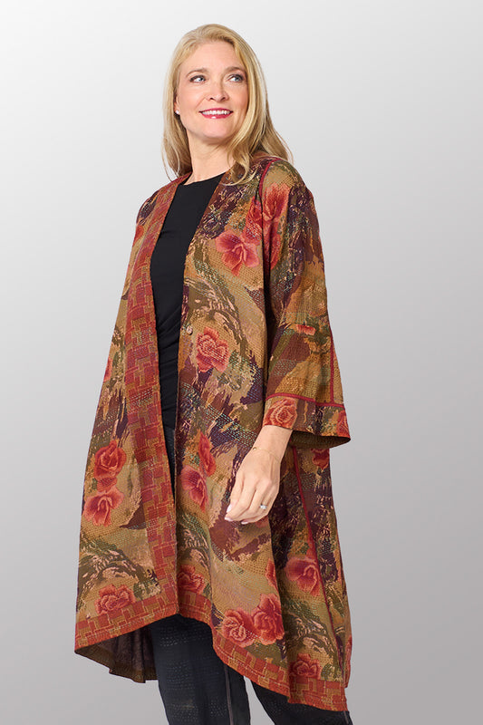 GEORGETTE JACQUARD VINTAGE SILK PATCH KANTHA WRAP FLARE COAT - gj2330-0002a -