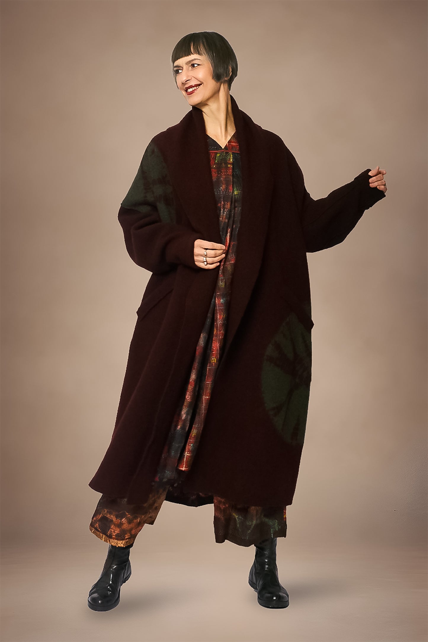 CIRCLE TIE DYE BOILED WOOL NEW SHAWL COAT LONG - tw1362-brn -