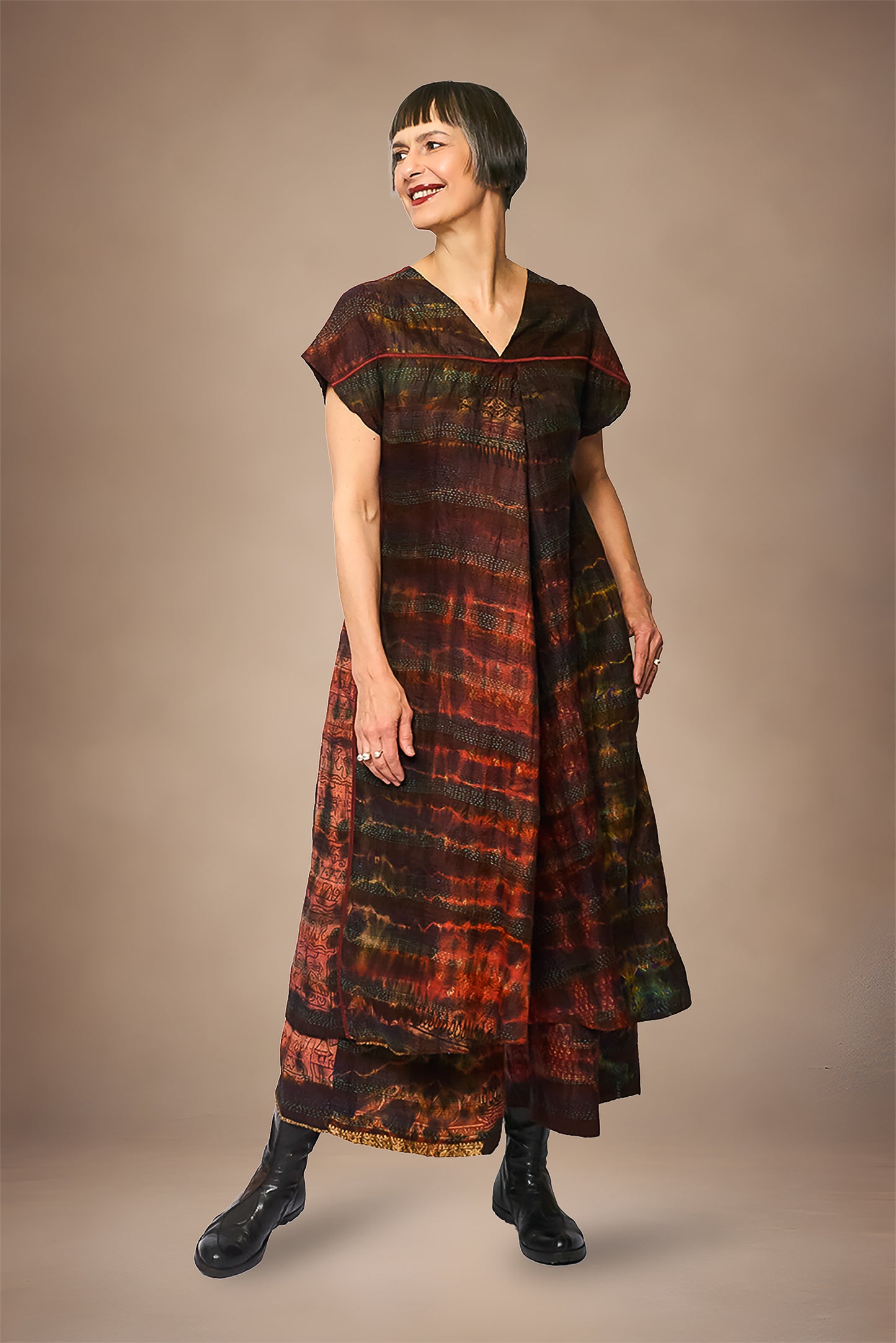 TIE DYE VINTAGE SILK KANTHA V-NECK FRENCH SLV. DRESS - st-sv2467-brn -