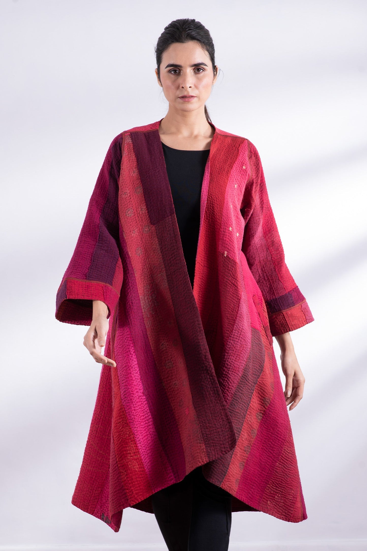 STRIPE AND CHECK COTTON SILK PATCH KANTHA  WRAP FLARE COAT - ss4330-red -