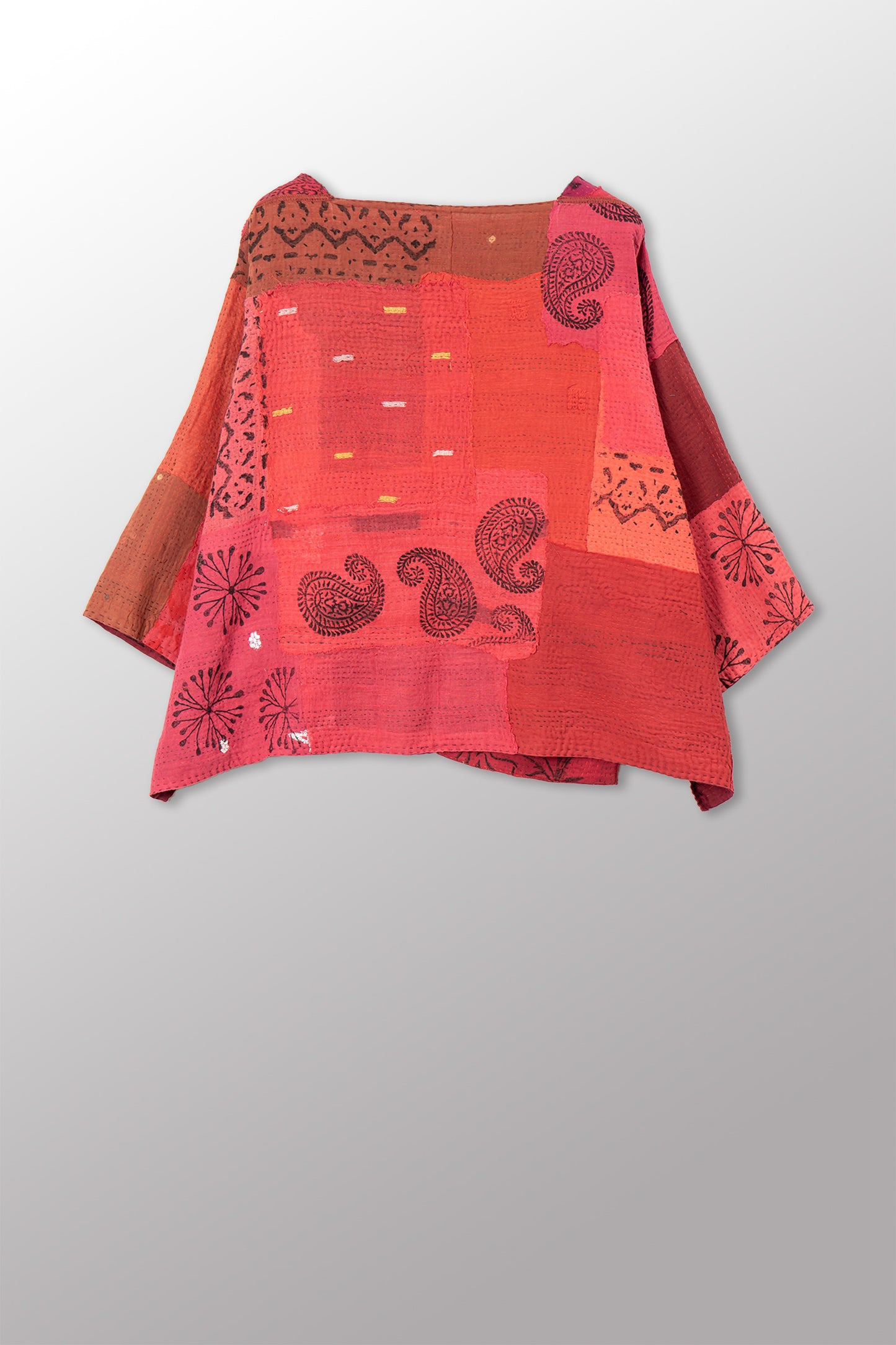 LANDSCAPE FRAYED PATCH KANTHA WITH STAMP 3/4 SLV. CROP TOP MIO - sp-lf2538-red -