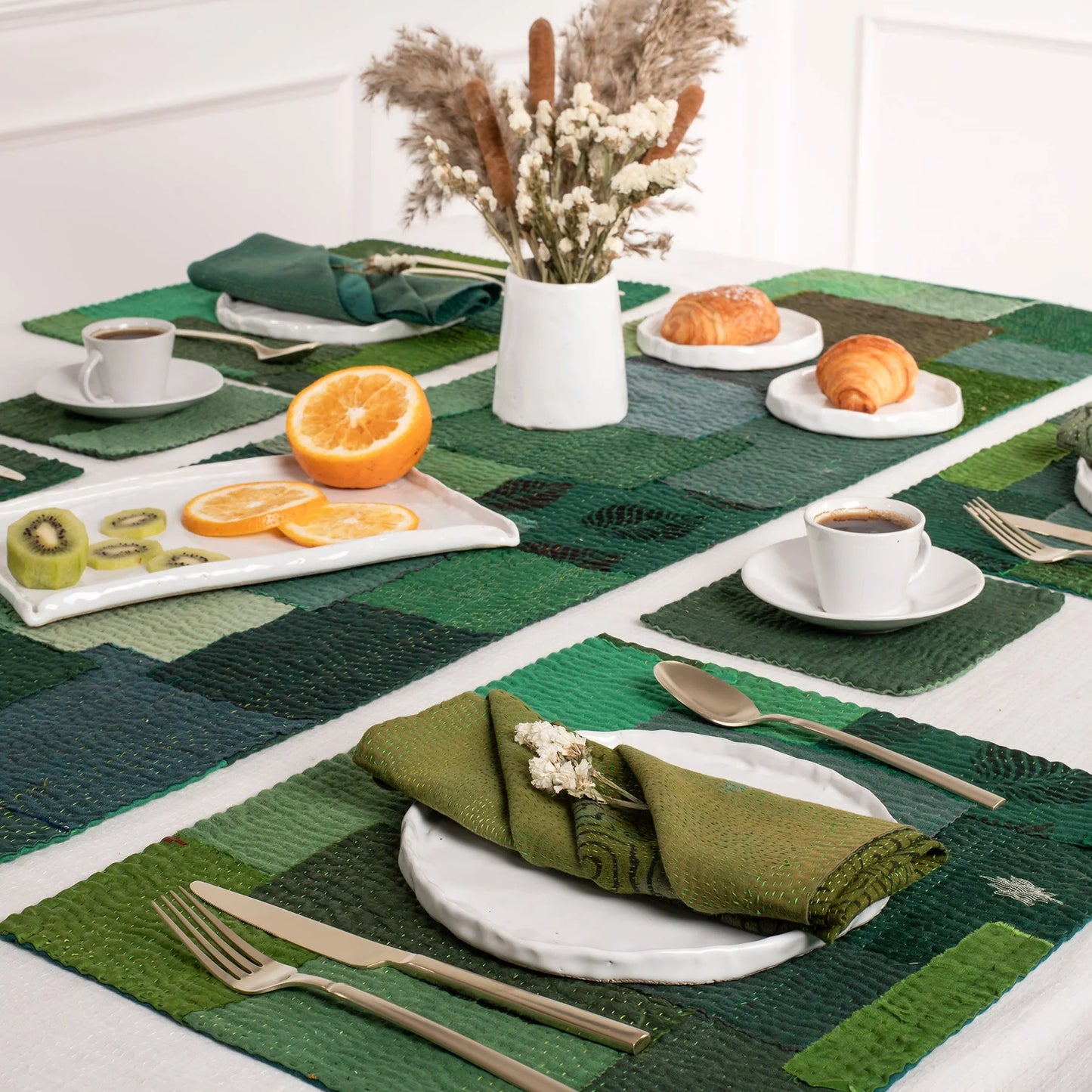 Landscape Fray Patch Vintage Kantha Placemat - Green (Set of 2)