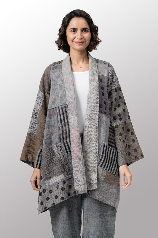 FRAYED PATCH KANTHA A-LINE JKT - fi4003-gry -