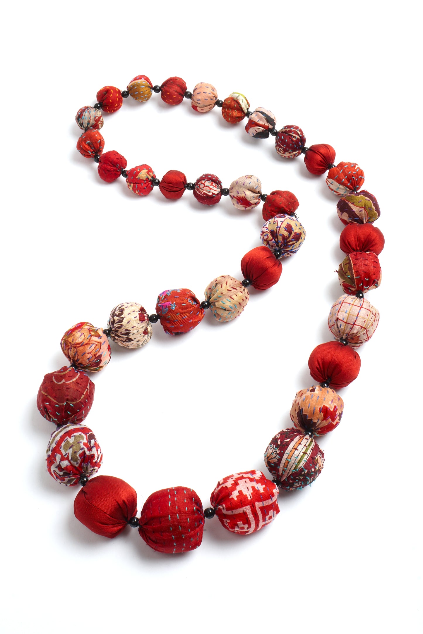 VINTAGE SILK KANTHA NUTS LONG NECKLACE - sv2702-red -