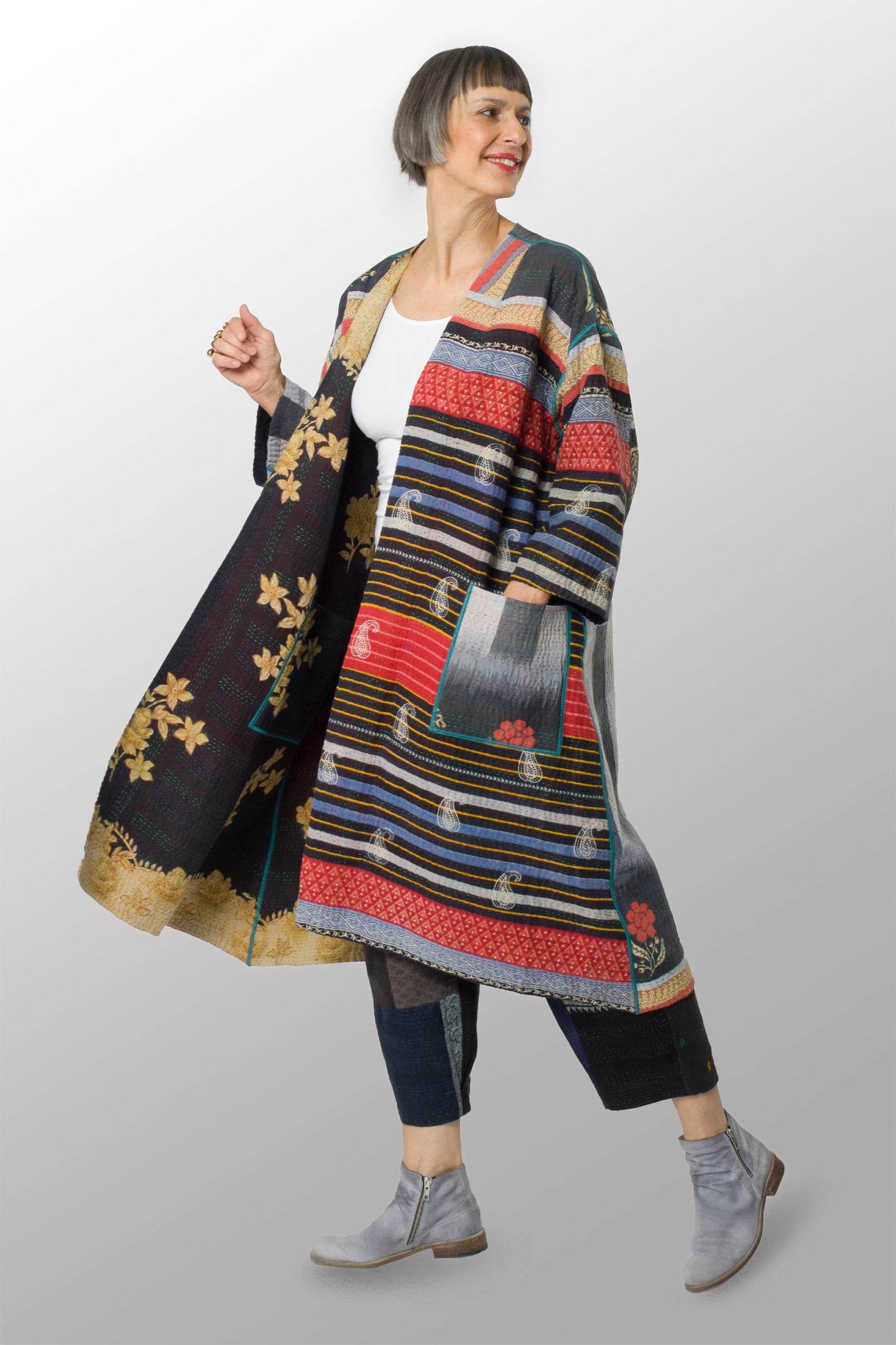 VINTAGE COTTON KANTHA LONG DUSTER - cv4328-0013a -