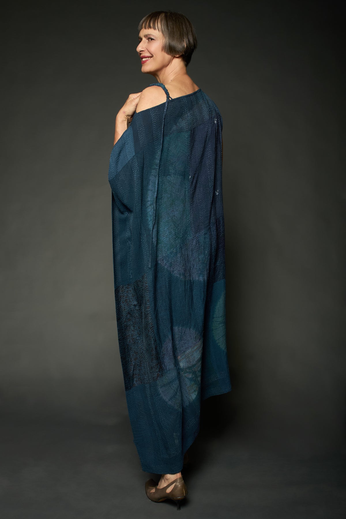 SHIBORI TIE DYE GEORGETTE VINTAGE SILK PATCH KANTHA ASYMMETRIC TUBE DRESS - st-gs2472-nvy -