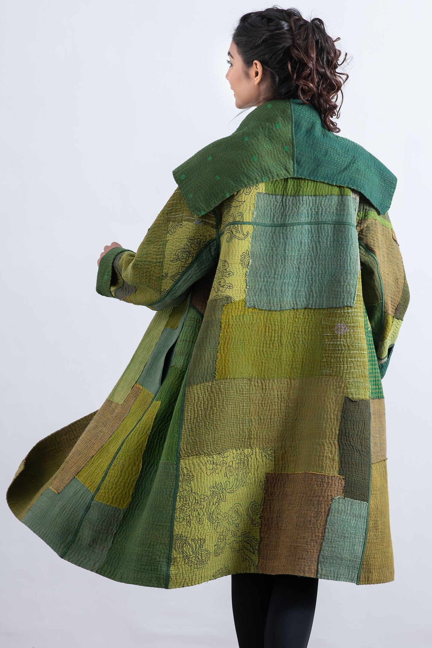 FRAYED PATCH MIX KANTHA A-LINE COAT - fm4309-grn -