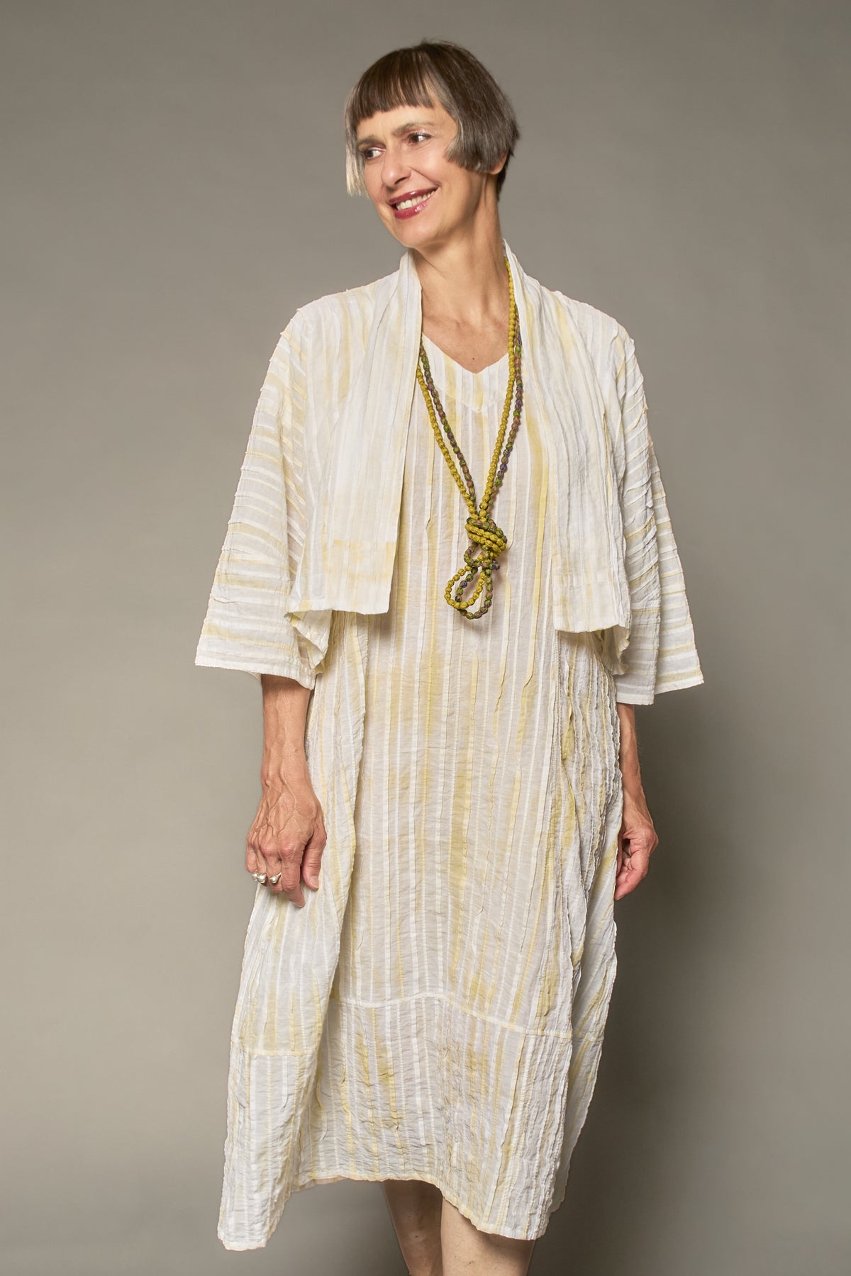 DOUBLE TIE DYE RIPPLE TUCK V-NECK SCULPTED DRESS - trw1473-ivy -