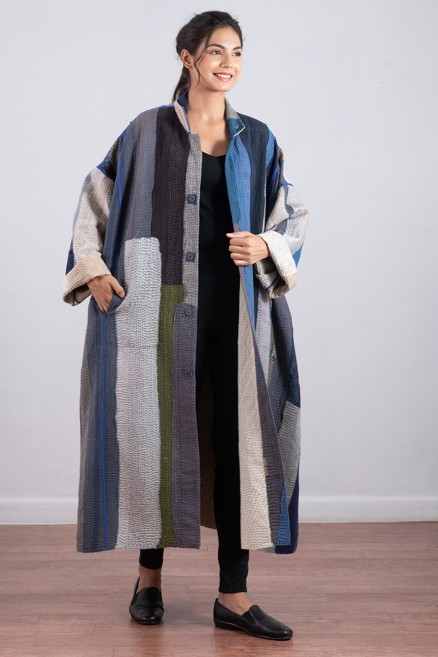 COTTON STRIPE PATCH KANTHA OVERSIZED COAT - cs4326-blu -
