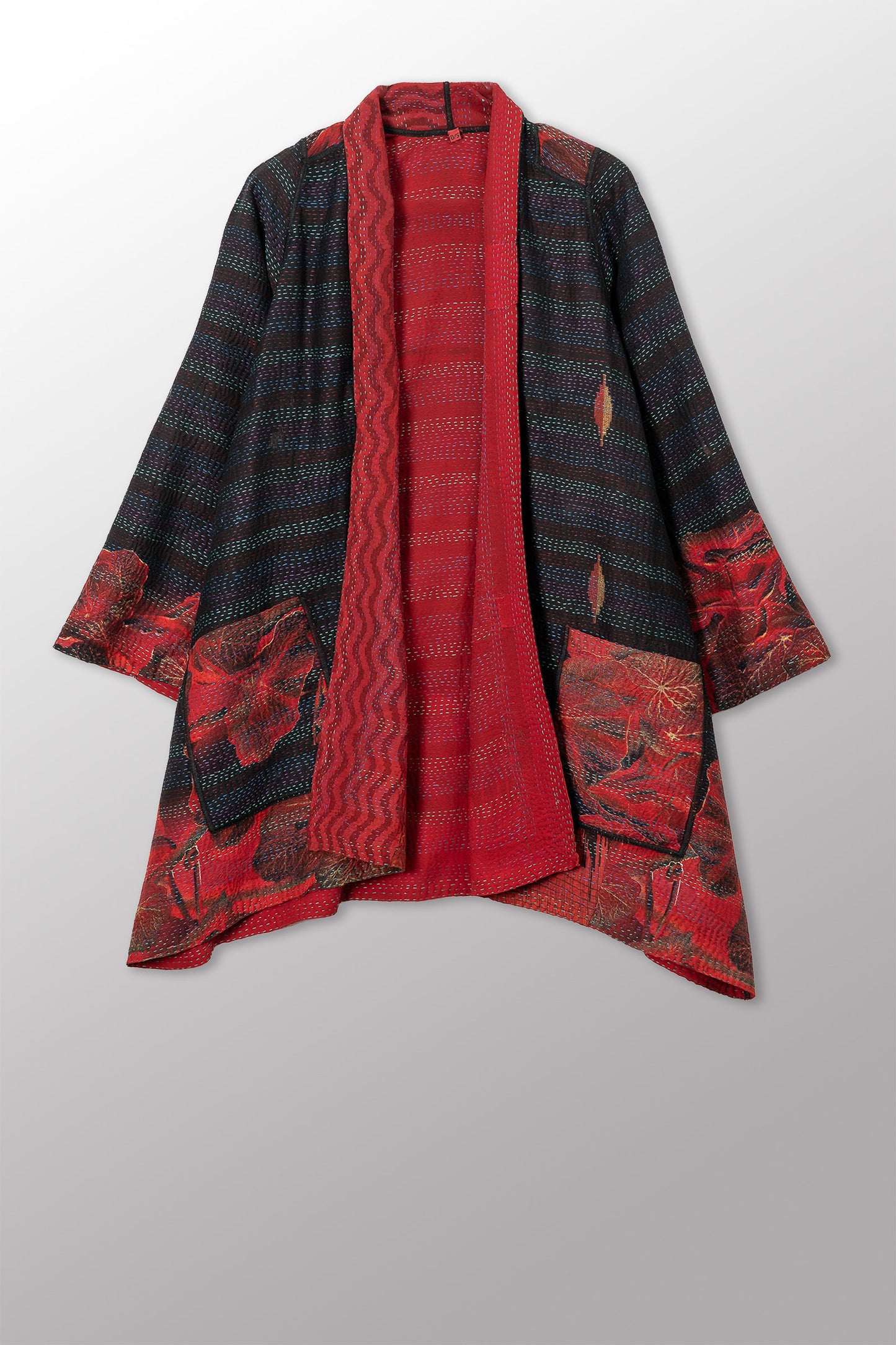 VINTAGE SILK GEORGETTE COTTON KANTHA A-LINE JKT - gc2003-0039a -