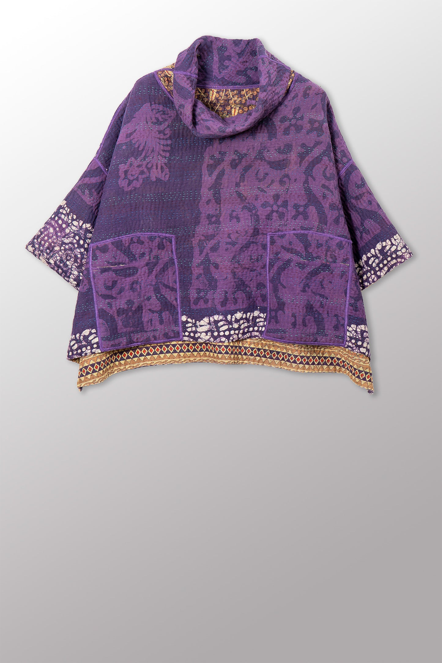 VINTAGE COTTON KANTHA COWL NECK PONCHO - cv4061-0034a -