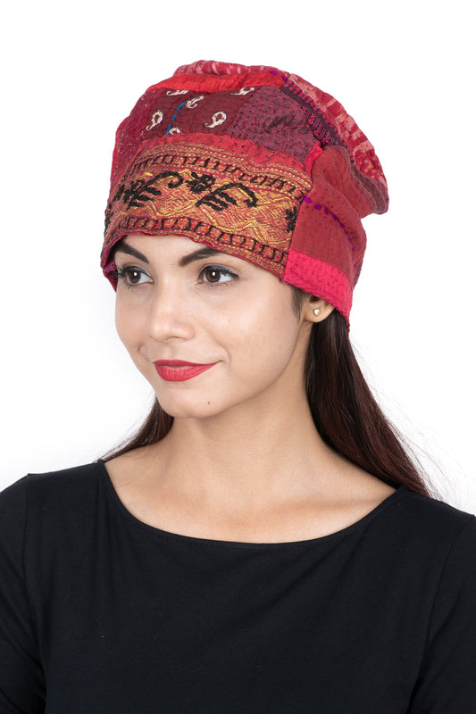 STRIPE RALLIS KANTHA PATCHWORK HAT - pr4880-red -