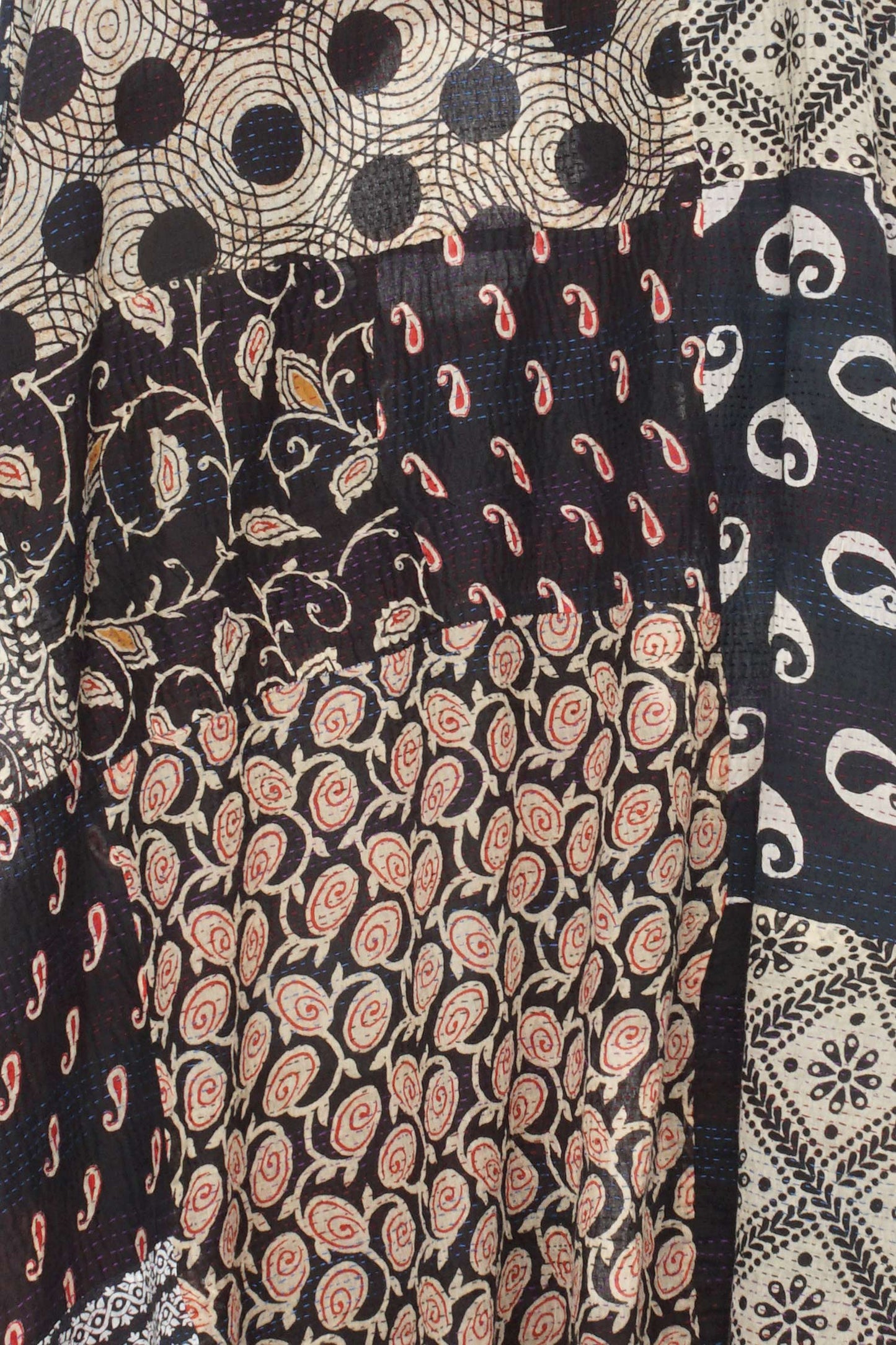 PATCH & CIRCLE PRINT KANTHA POINTY HEM DRESS - pc2415-blk -