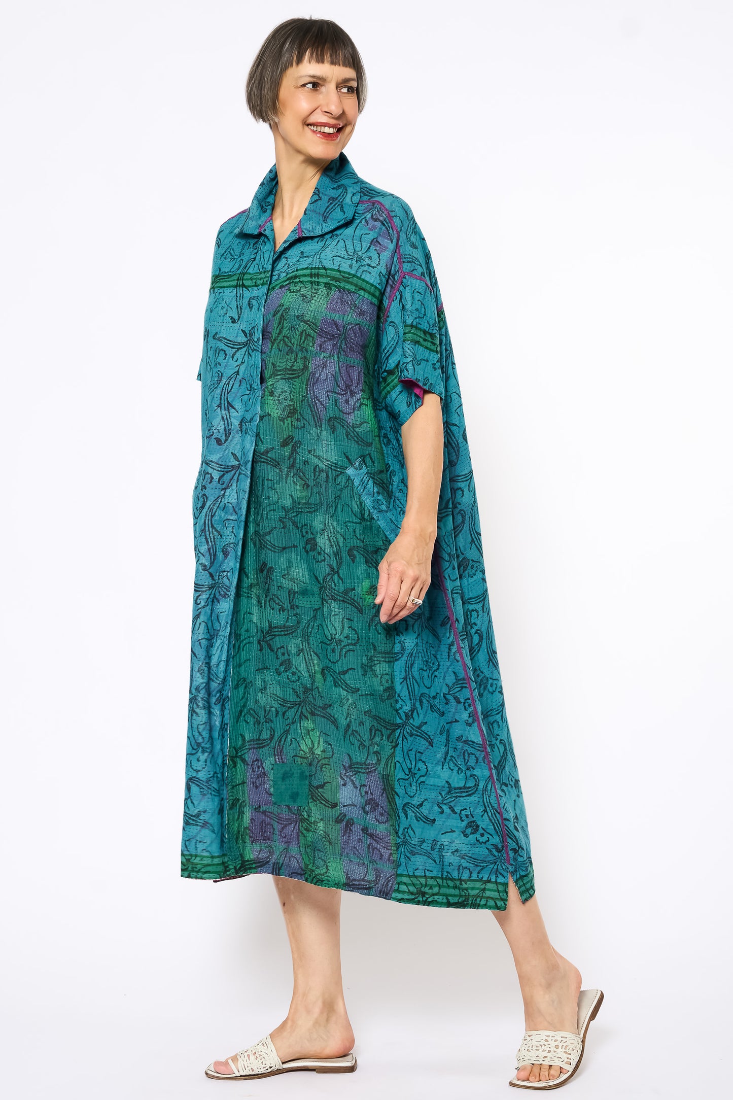 COTTON OVERDYE KANTHA WING COLLAR DRESS - ov2454-cblu001a -