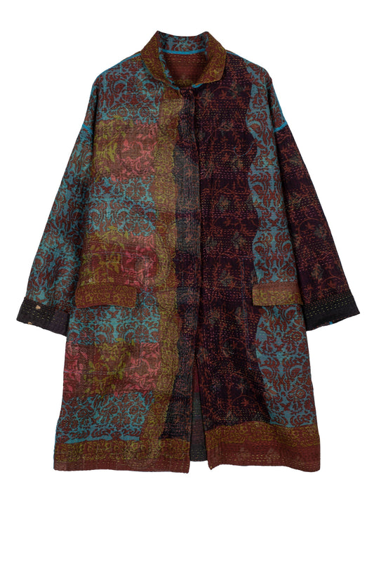 BAGH PRINT KANTHA LONG LINE JKT - bg4059-brn -