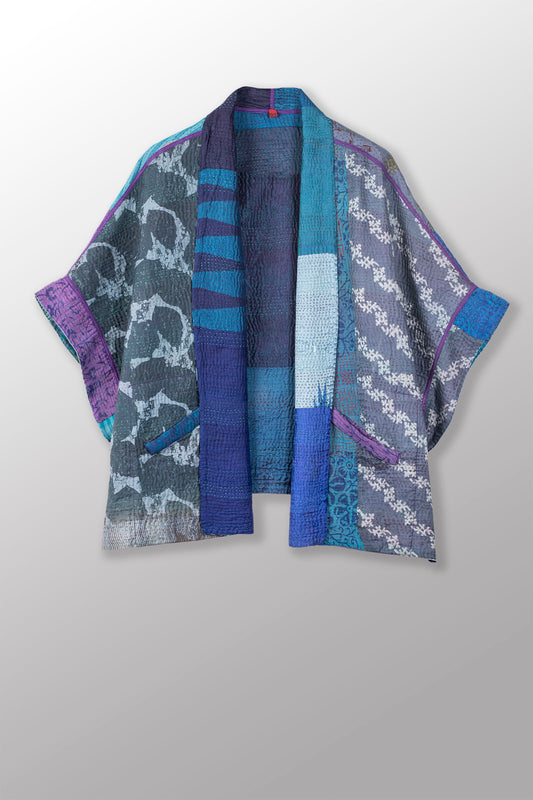 JACQUARD SILK KANTHA MINI PONCHO - js4060-blu -