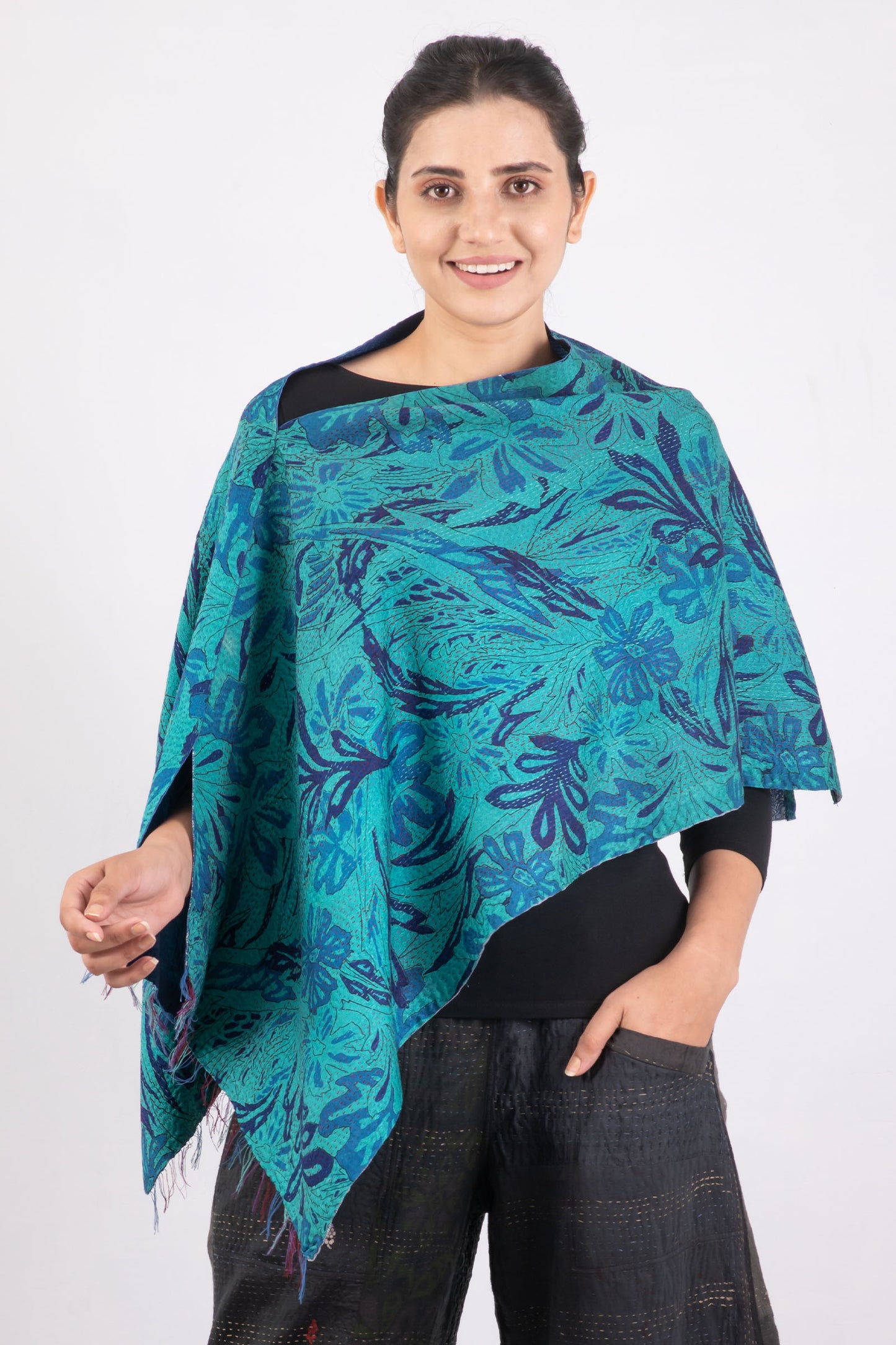 VINTAGE SILK GEORGETTE KANTHA CAPE - sg2806-mlt -