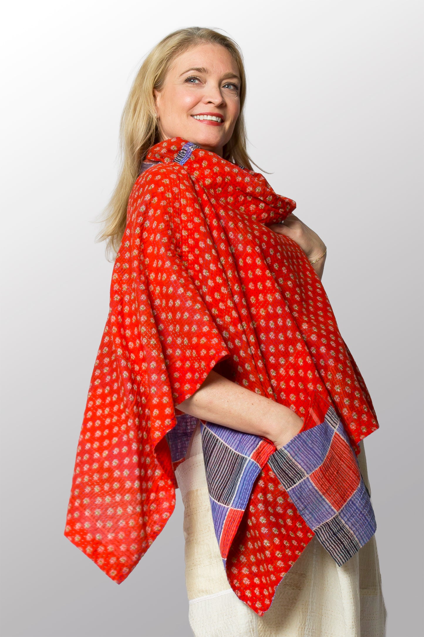 VINTAGE COTTON KANTHA COWL NECK LONG CAPE