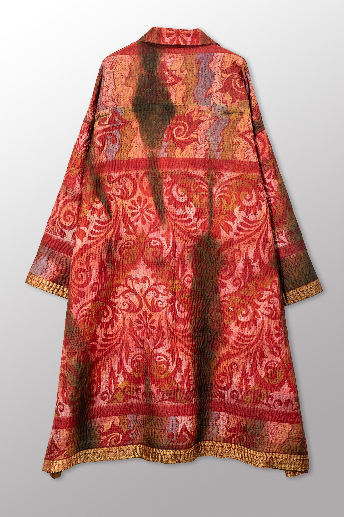 VINTAGE PRINTED SILK CLAMP DYE WITH JACQUARD KANTHA NEW OVERSIZED COAT - sk4342-0004a -