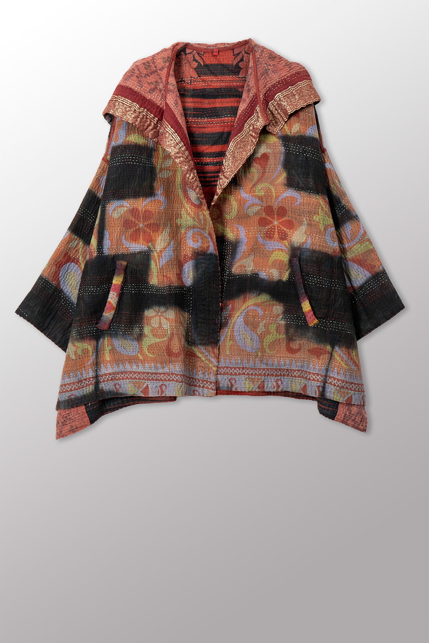 VINTAGE COTTON GREY CLAMP TIE DYE KANTHA HOODIE PONCHO - su4064-0001a -