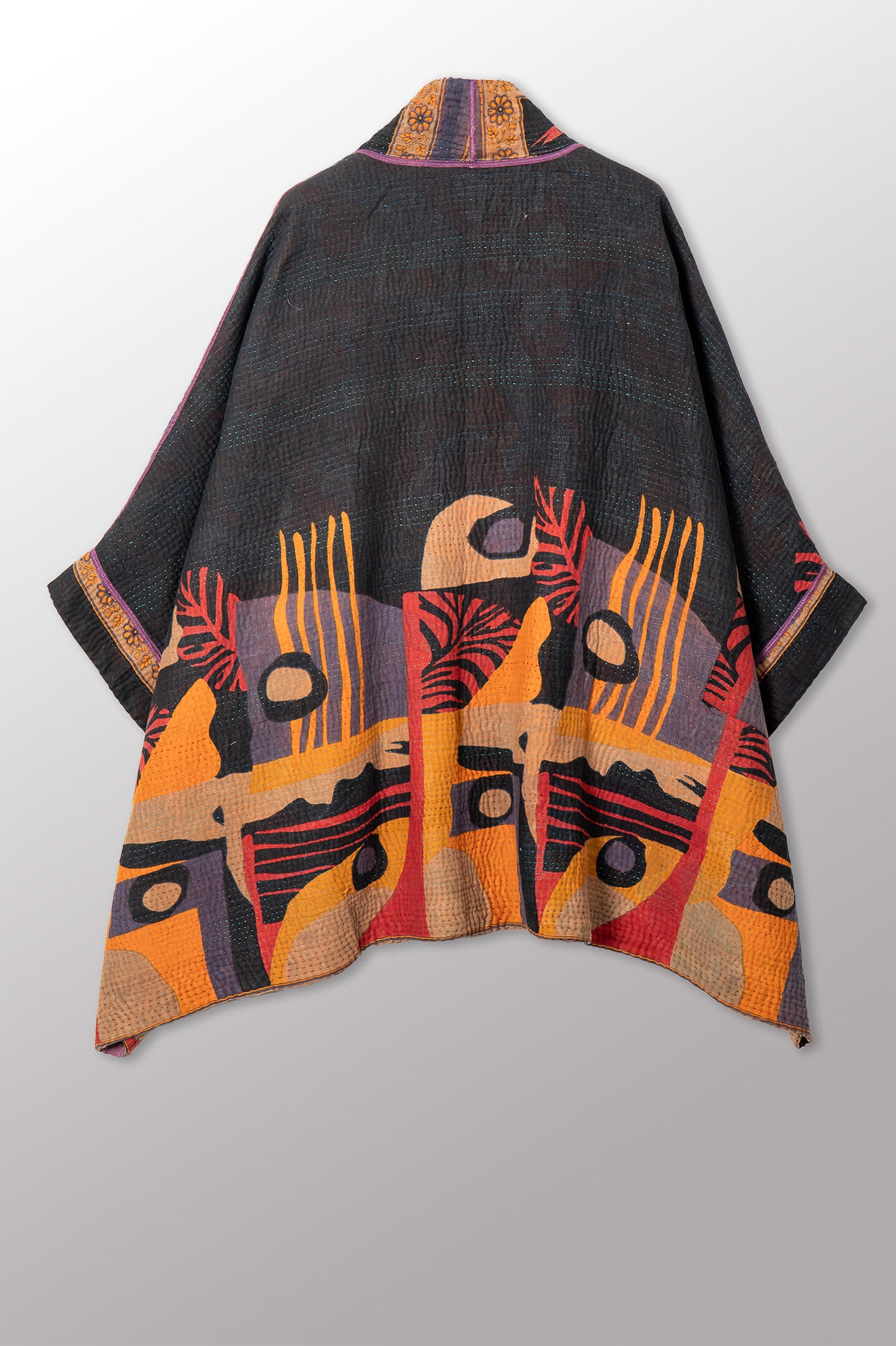 VINTAGE COTTON KANTHA DOUBLE COLLAR PONCHO - cv4323-0057a -