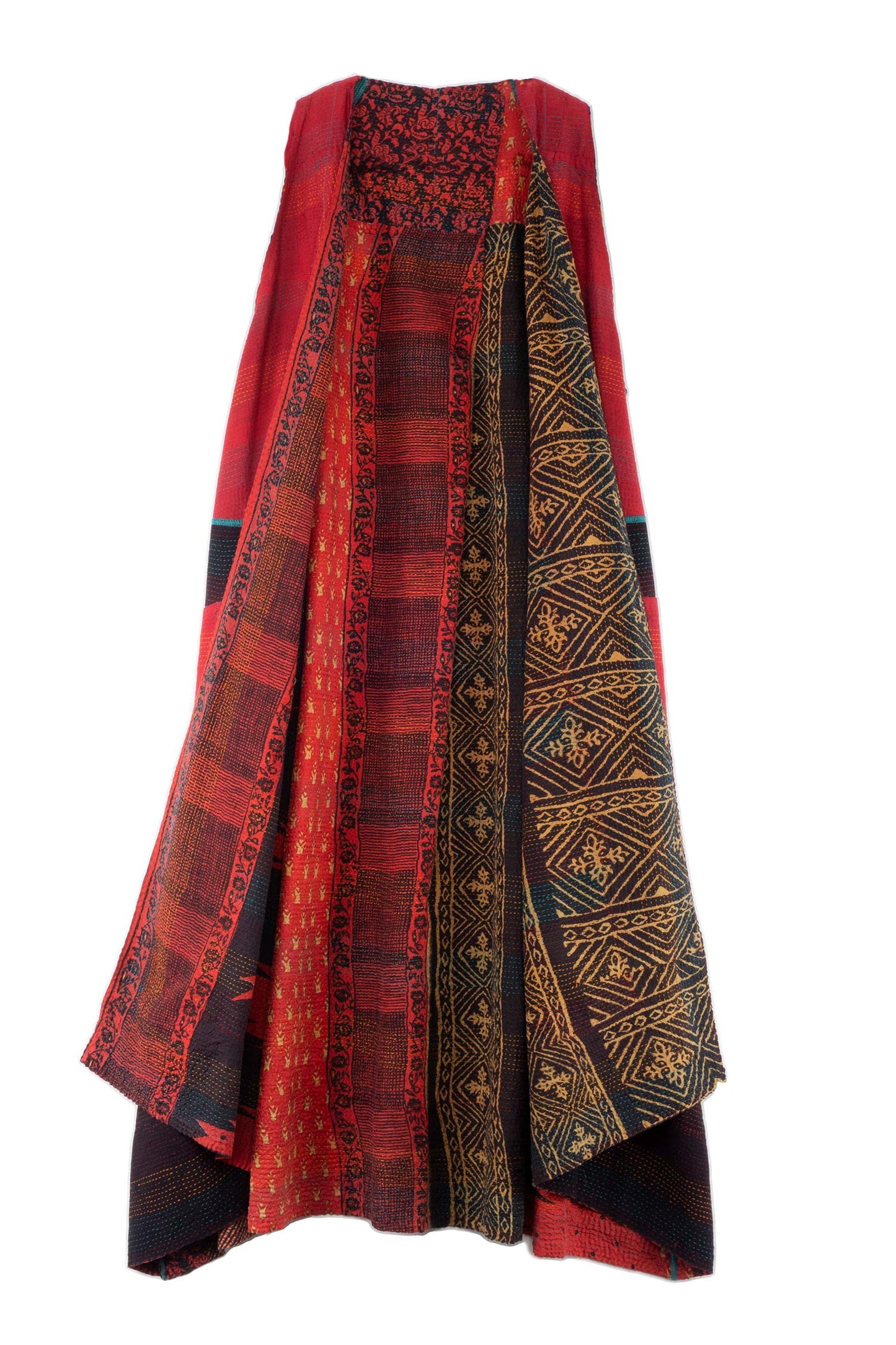 SILK COTTON OMBRE PRINT KANTHA BACK PLEATED VEST MAXI - os2222-red -