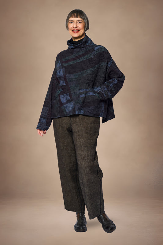 ABSTRACT WAFFLE KANTHA FUNNEL NECK PULLOVER - bw3t106-nvy -