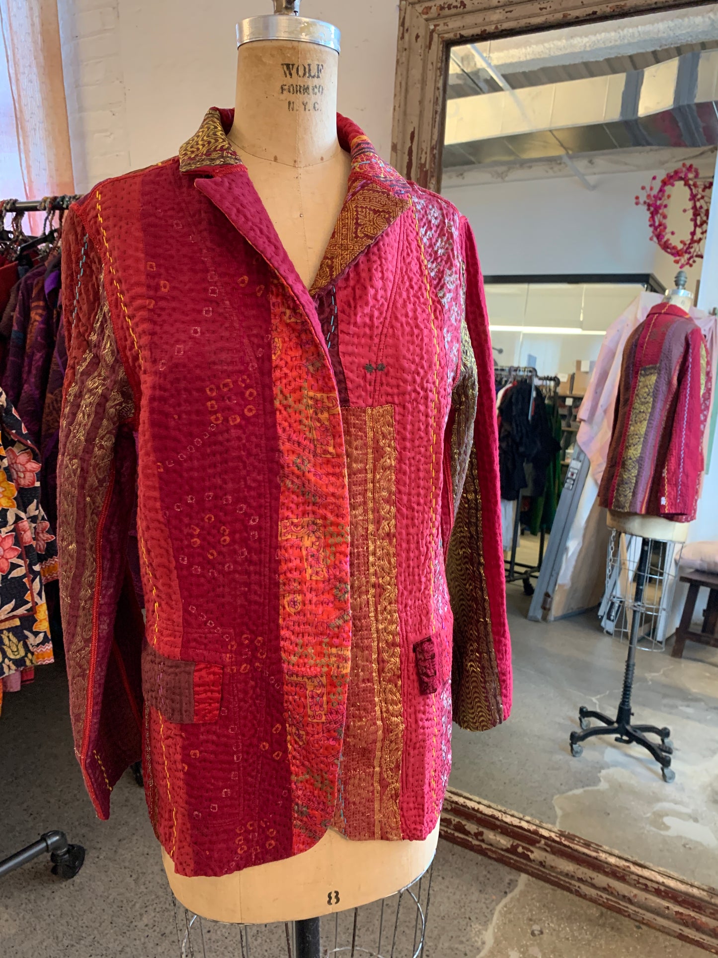 JEWEL WOVEN WITH VERTICAL PATCH KANTHA BASIC JACKET - jv4052-red -