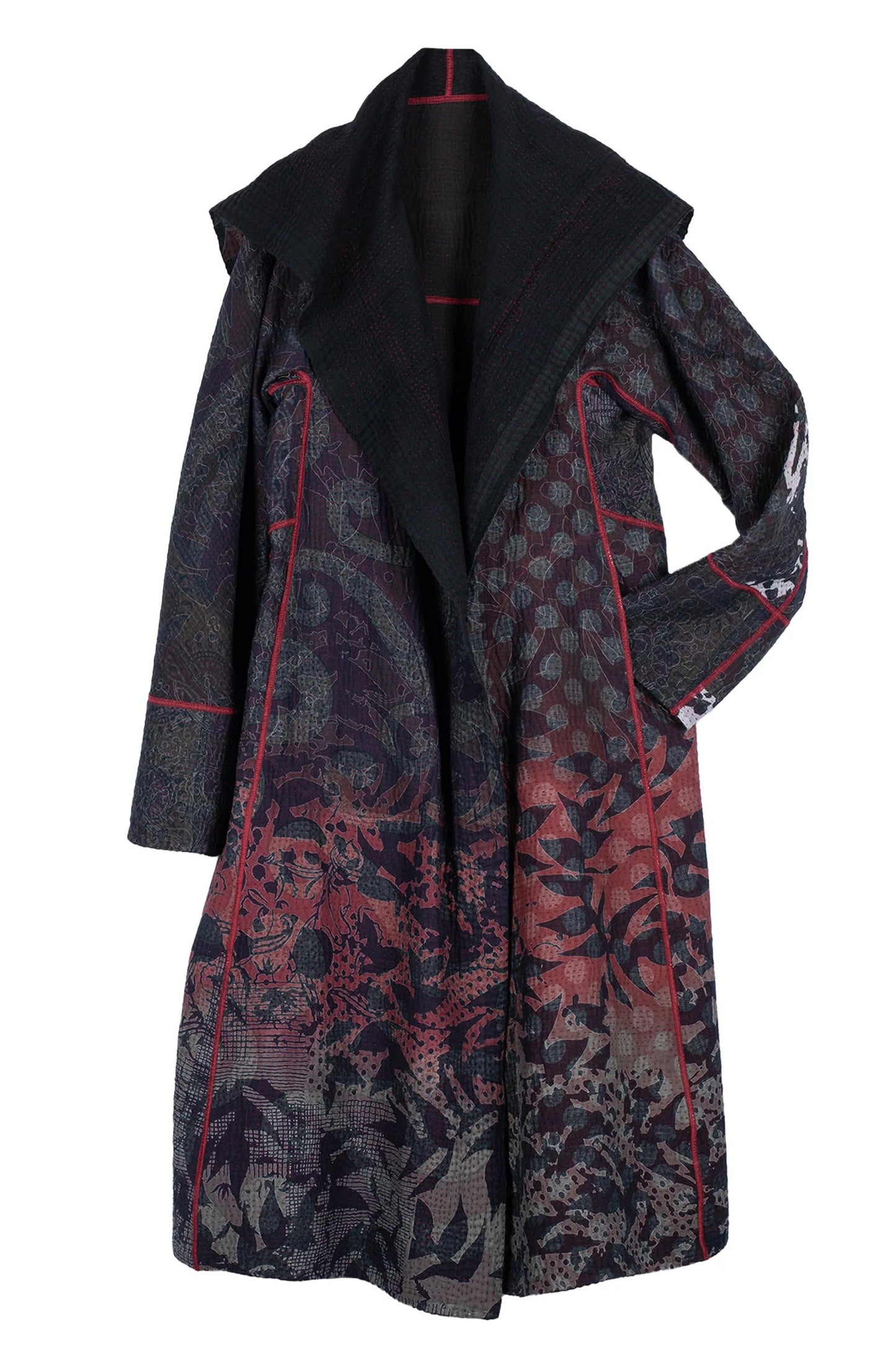 MONOTONE TWILIGHT PRINT KANTHA A-LINE LONG COAT - tp4302-red -