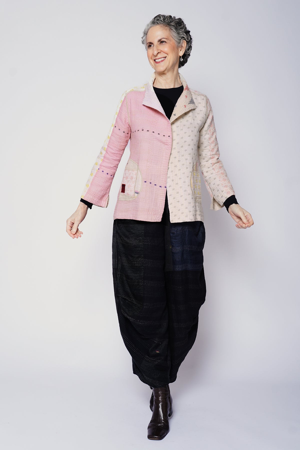 FRAYED PATCH MIX KANTHA SHORT JKT - fm4007-ivy -