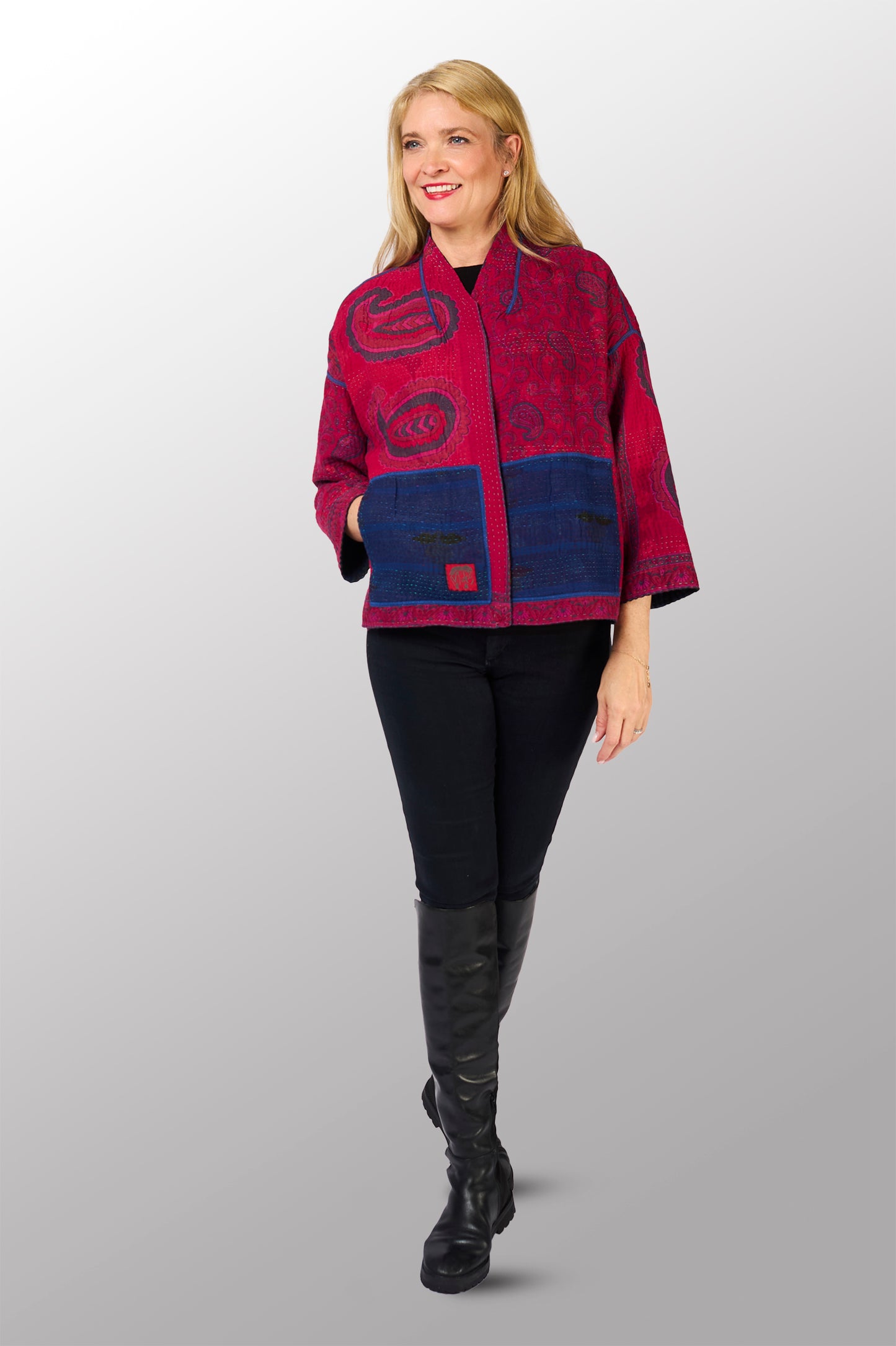 COTTON OVERDYE KANTHA STAND COLLAR CROPPED JKT - ov4034-cblu010a -