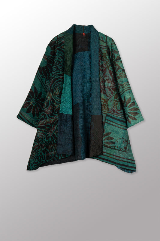 EMERALD GREEN KANTHA A-LINE JACKET - eg4003-tel -