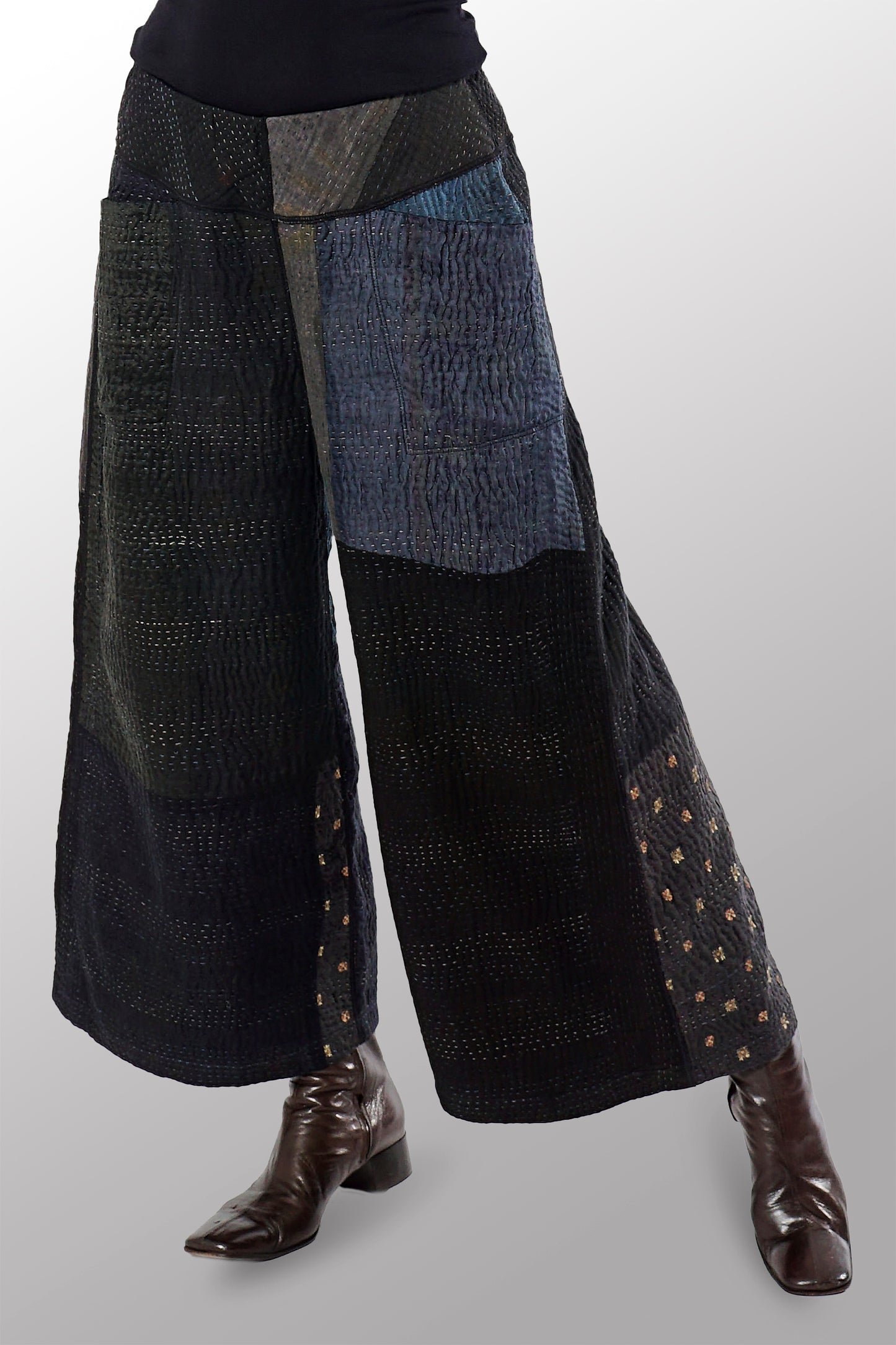 JAIPUR PATCH KANTHA MID RISE WIDE LEG PANTS - jp4665-blk -