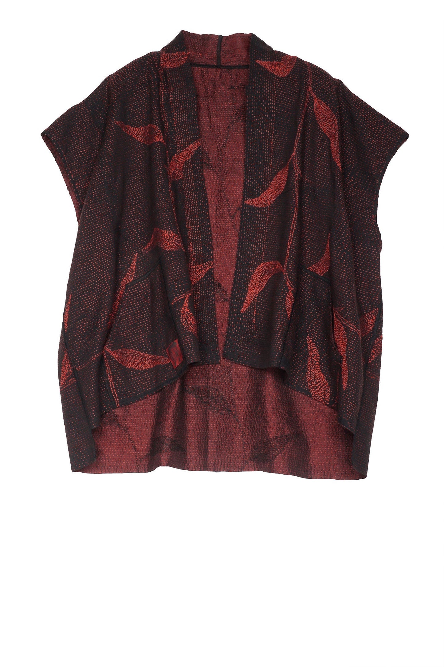 NIGHT BAMBOO SILK COTTON KANTHA MINI KIMONO VEST - nb2238-red -