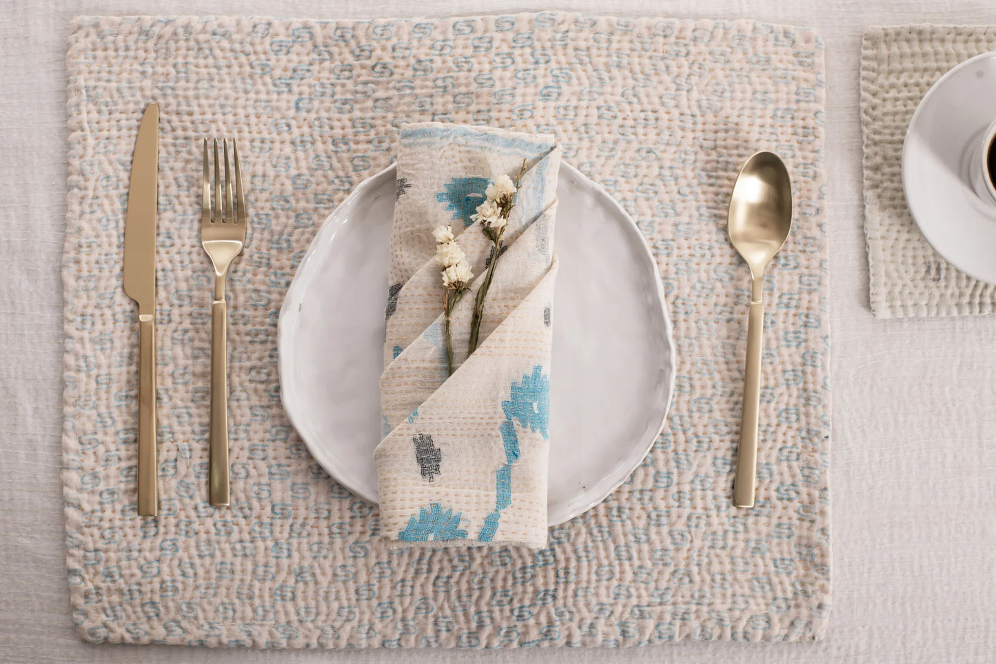 Mosaic Fray Handmade Vintage Kantha Placemat -Cauliflower (Set of 2)