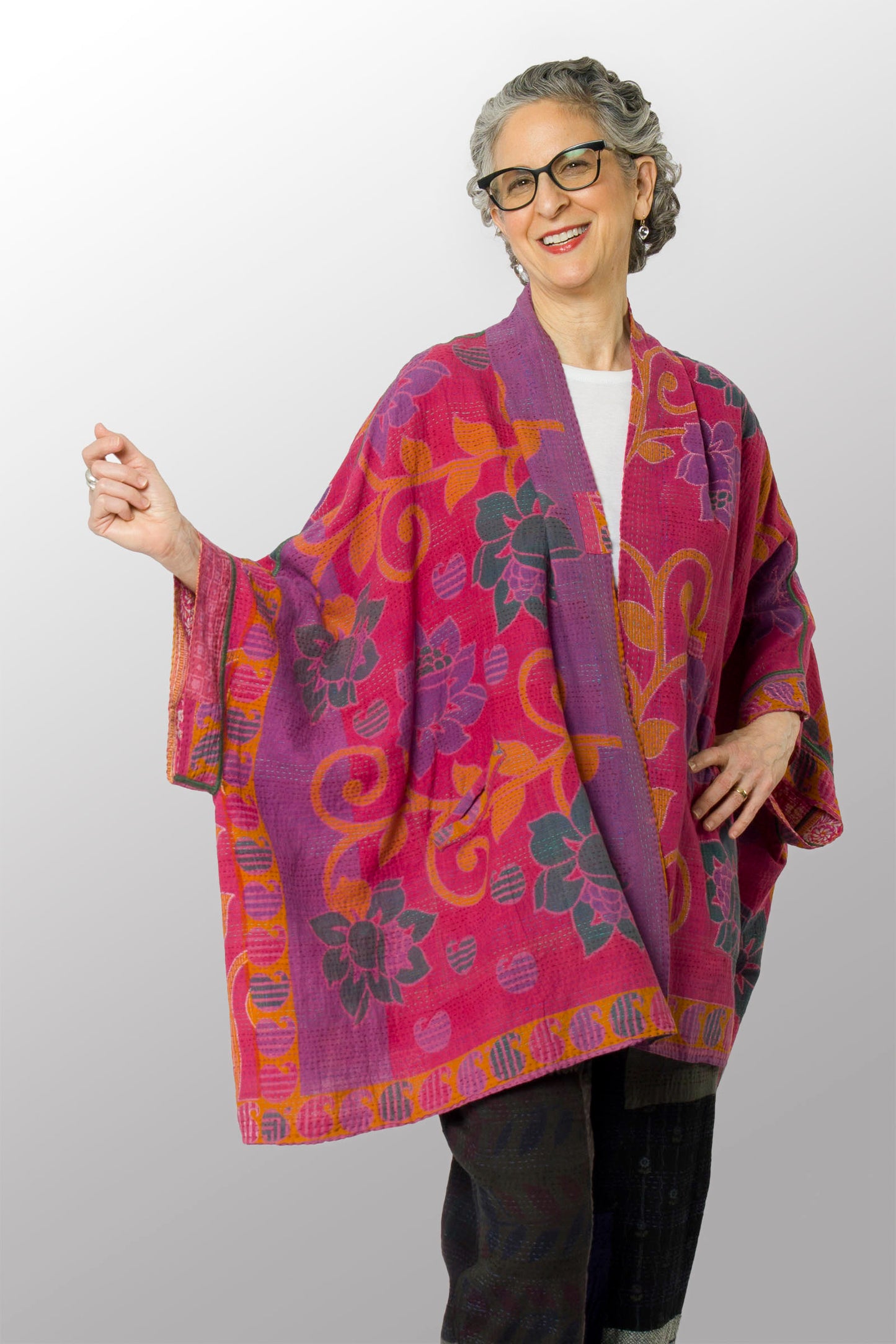 VINTAGE COTTON KANTHA DOUBLE COLLAR PONCHO - cv2323-0007a -