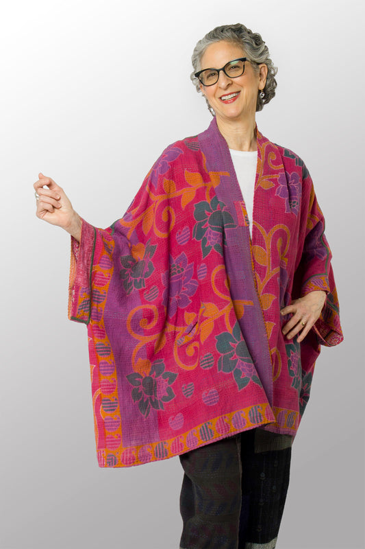 VINTAGE COTTON KANTHA DOUBLE COLLAR PONCHO - cv2323-0007a -