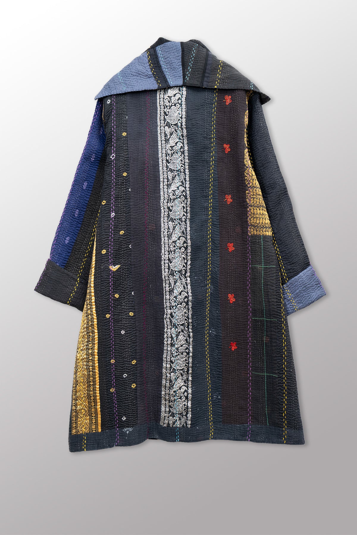 JEWEL WOVEN WITH VERTICAL PATCH KANTHA POCKET MEDIUM COAT - jv4316-blk -