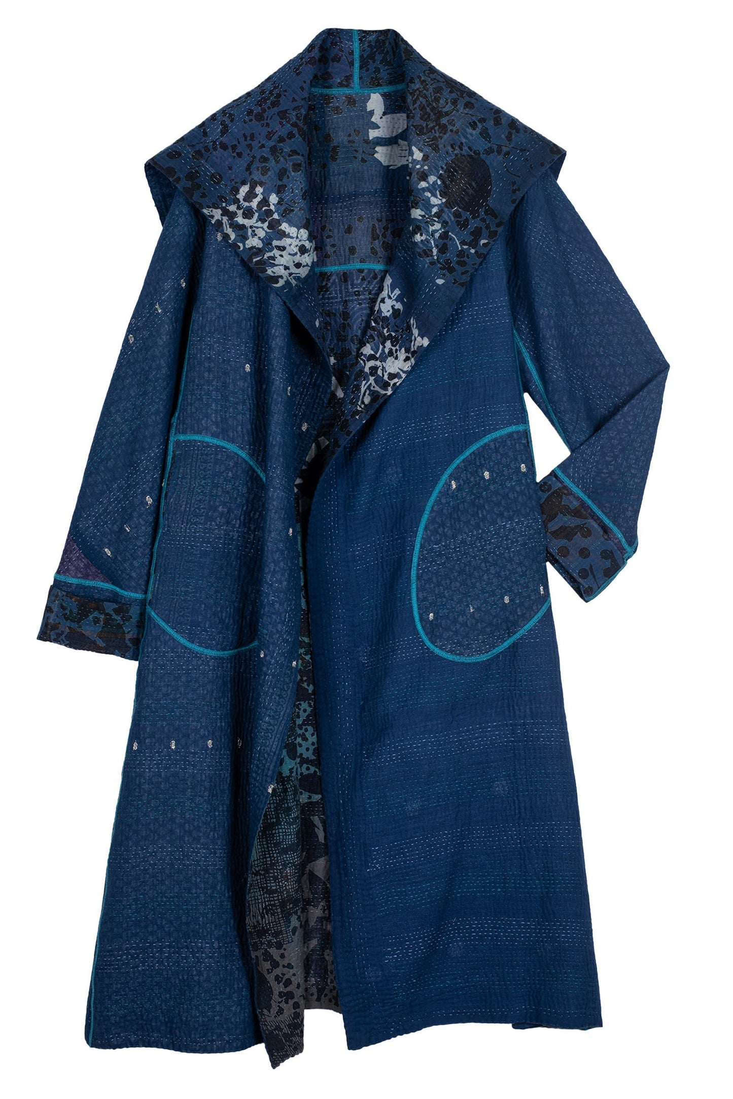 MONOTONE TWILIGHT PRINT KANTHA A-LINE LONG COAT - tp4302-blu -