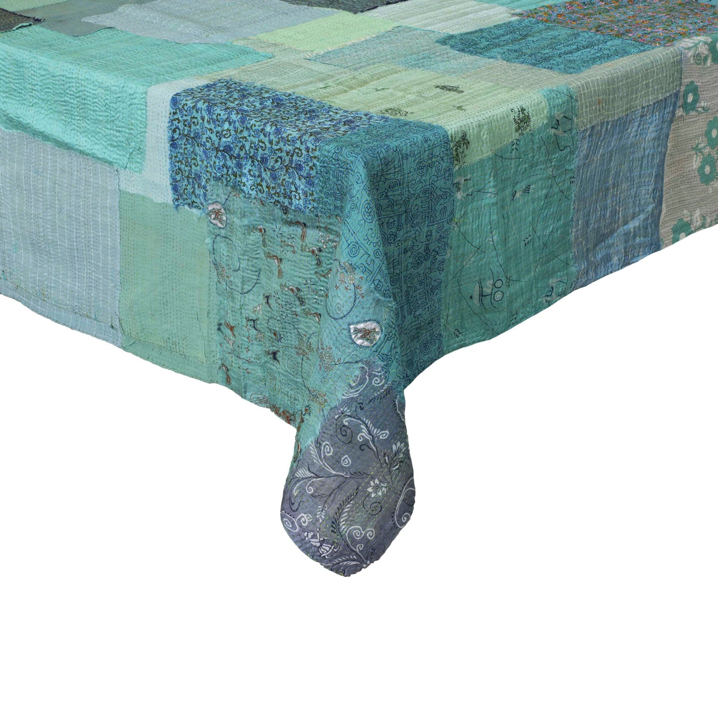 Printed Fray Vintage Cotton Kantha Table Cover -Sage