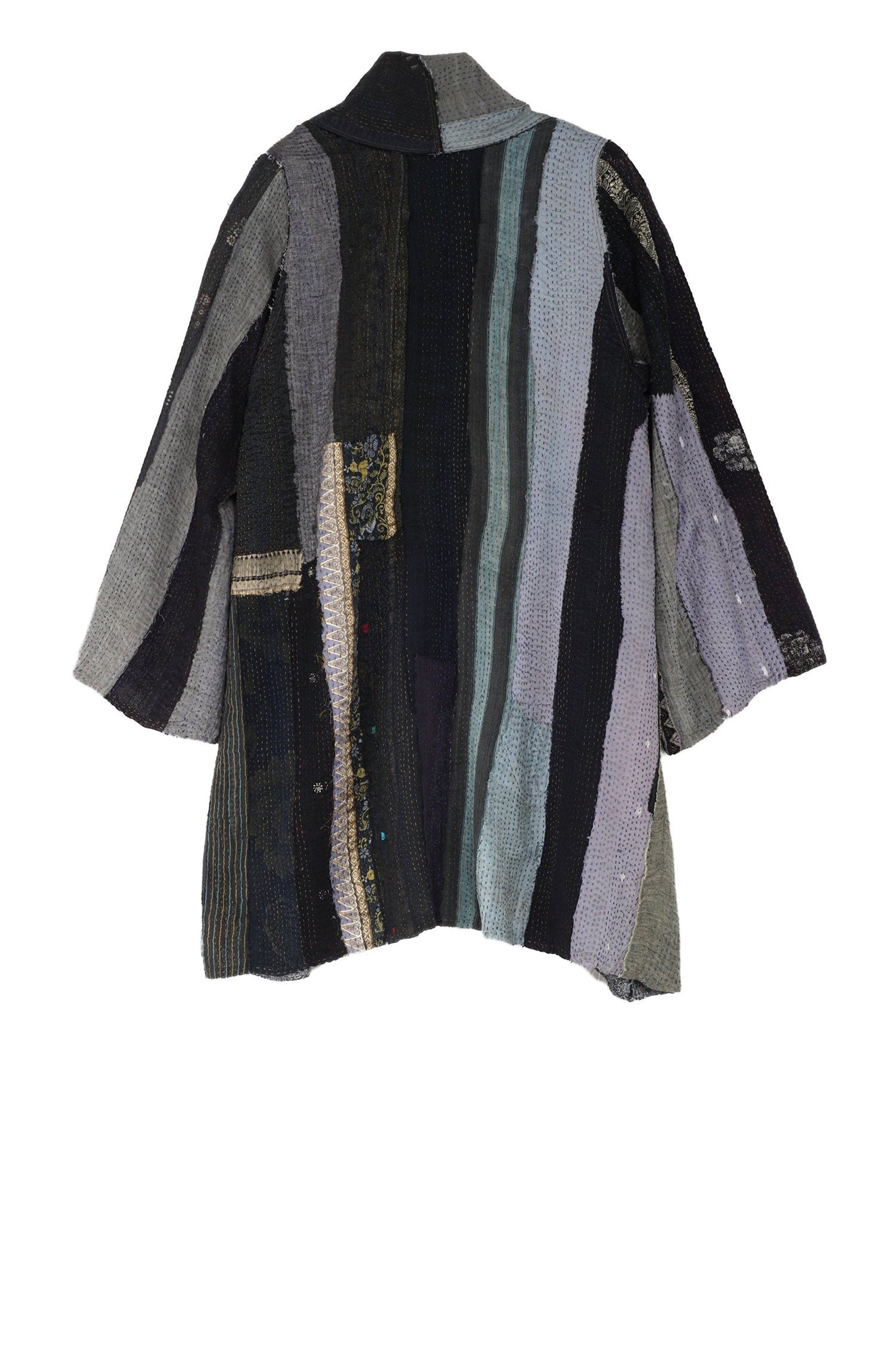 STRIPE FRAYED & HANDWOVEN KANTHA A-LINE JKT - ft2003-blk -