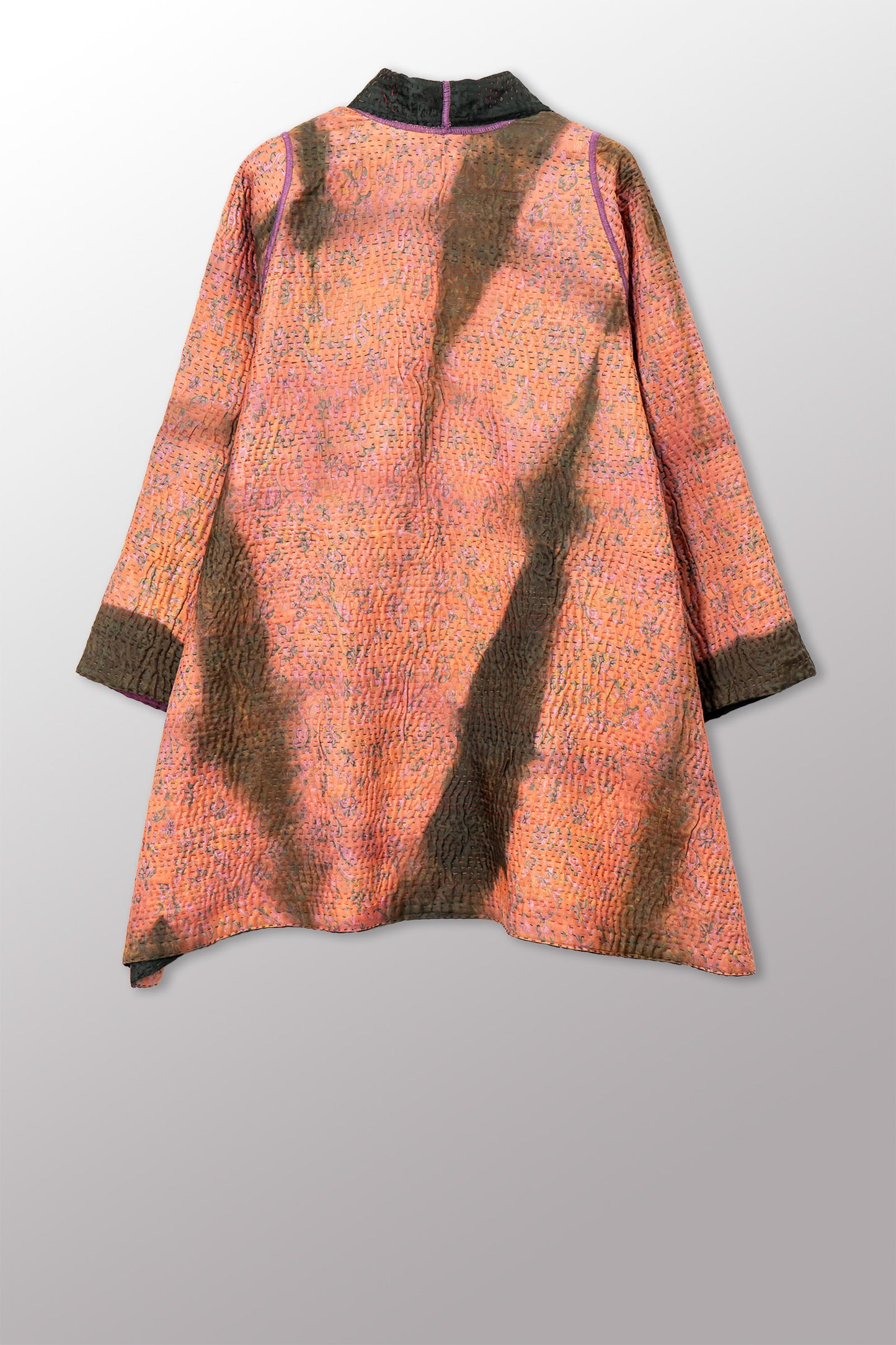 VINTAGE PRINTED SILK CLAMP DYE WITH JACQUARD KANTHA A-LINE JACKET - sk4003-0001a -